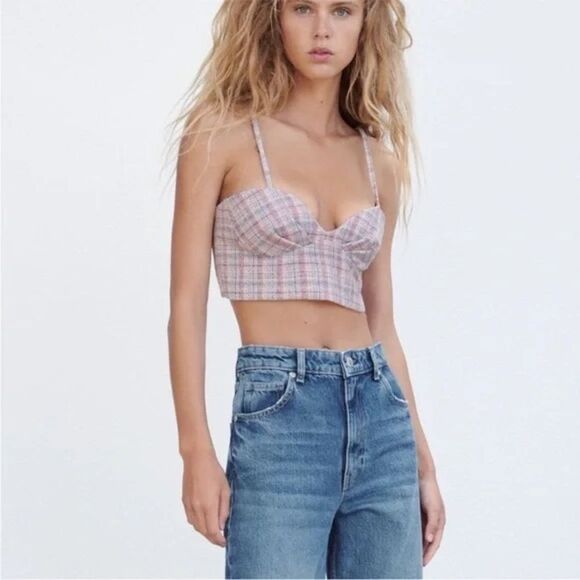 NEW Zara Tweed Boucle Knit Corset Crop Top Bralette Pink & Blue Metallic Medium - Picture 9 of 16
